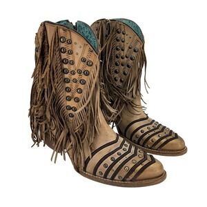 Corral Boots Womens Size 10 Tan Fringe Studded Western Cowgirl Zip Boho‎ Ankle